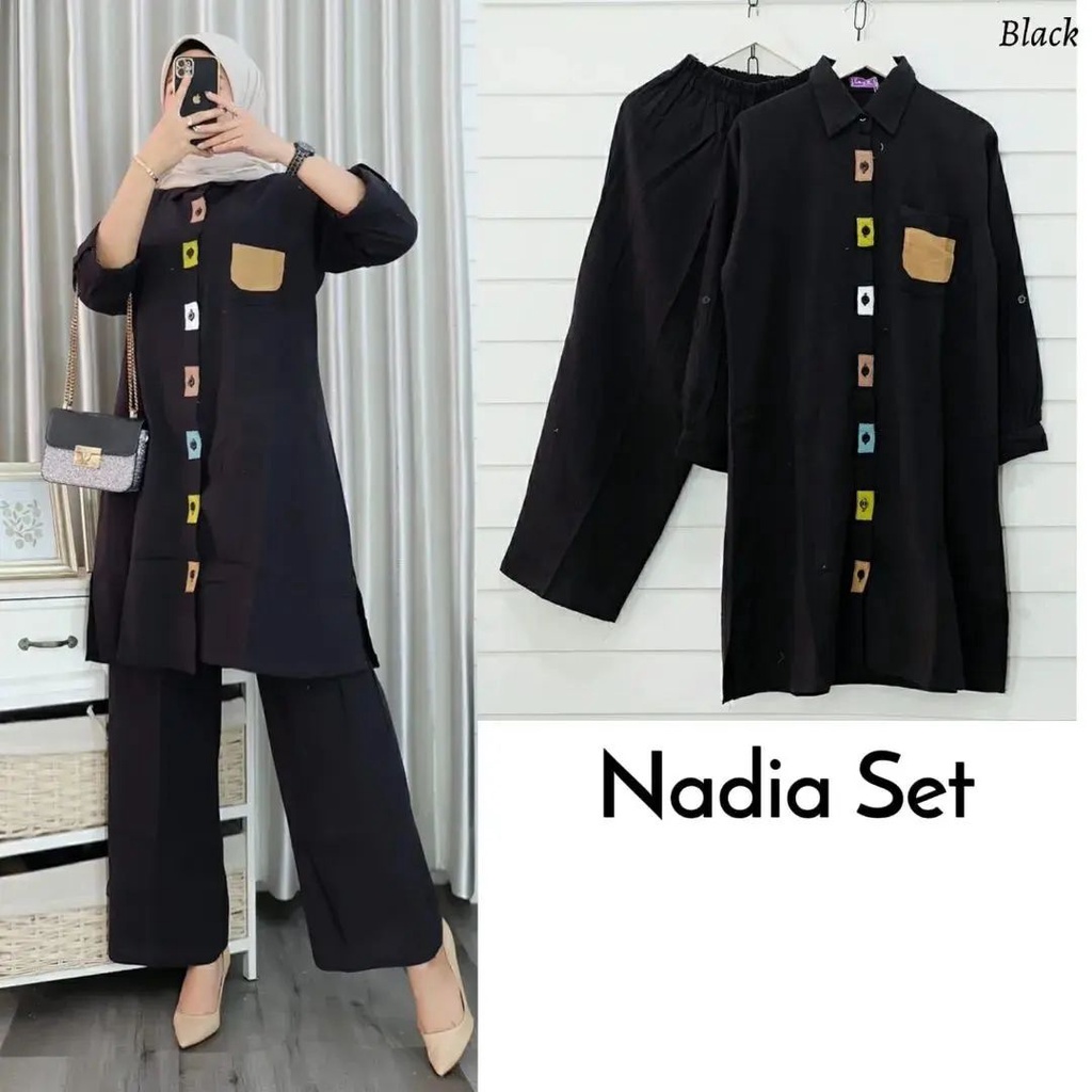 Nadia Set Baju Setelan Wanita Dewasa Kekinian Setelan Baju Tunik dan Celana Bahan Airflow Crinkle Ad
