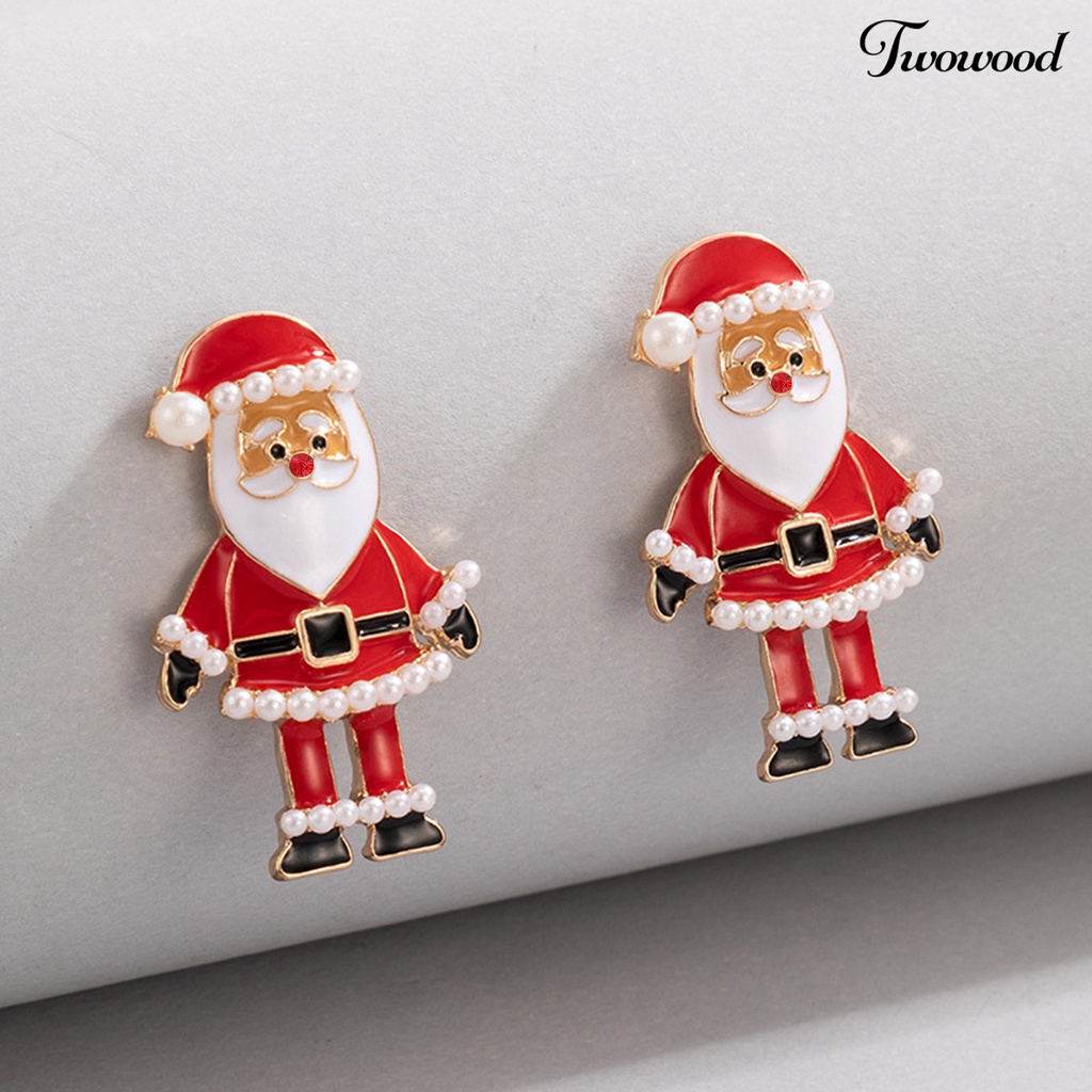 1 Pasang Anting Stud Desain Kartun Santa Claus Aksen Berlian Imitasi Untuk Wanita