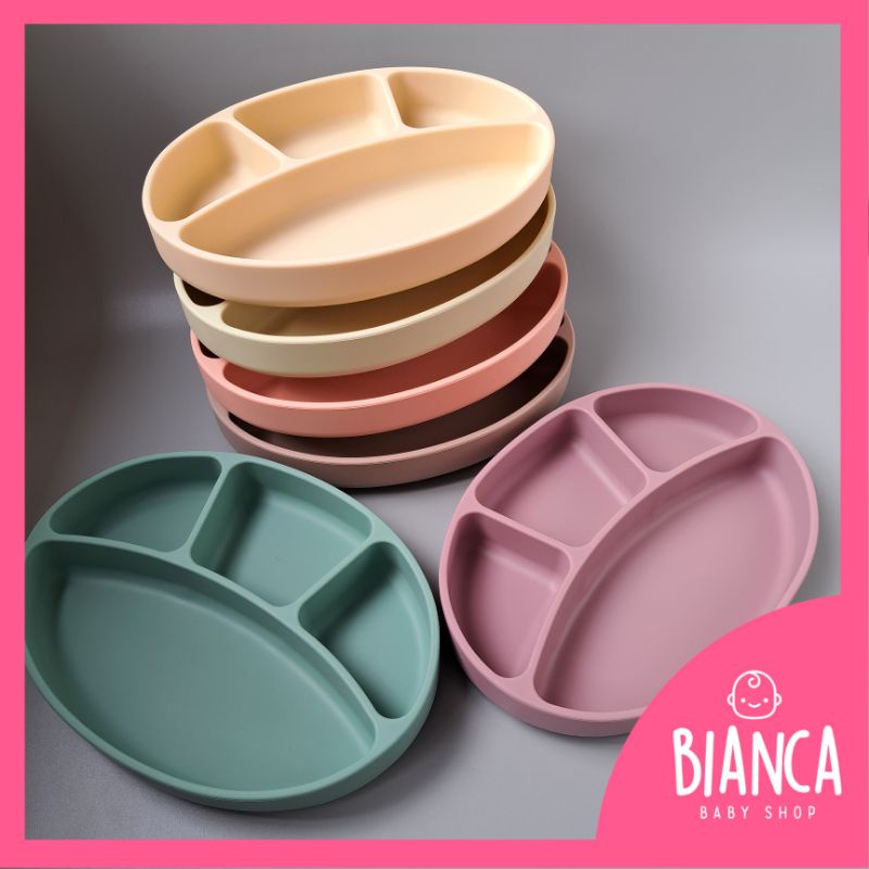 BIANCA - PASTEL SERIES Piring Silikon Anak Bentuk Oval Sekat 4 + Suction PREMIUM QUALITY