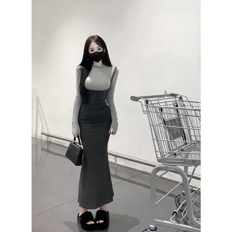 Suhao Sea Back Fishtail Rok Yujie Pure Desire Style French Autumn Suit Lengan Panjang Kemeja Top Dua Potong Setelan Trendi