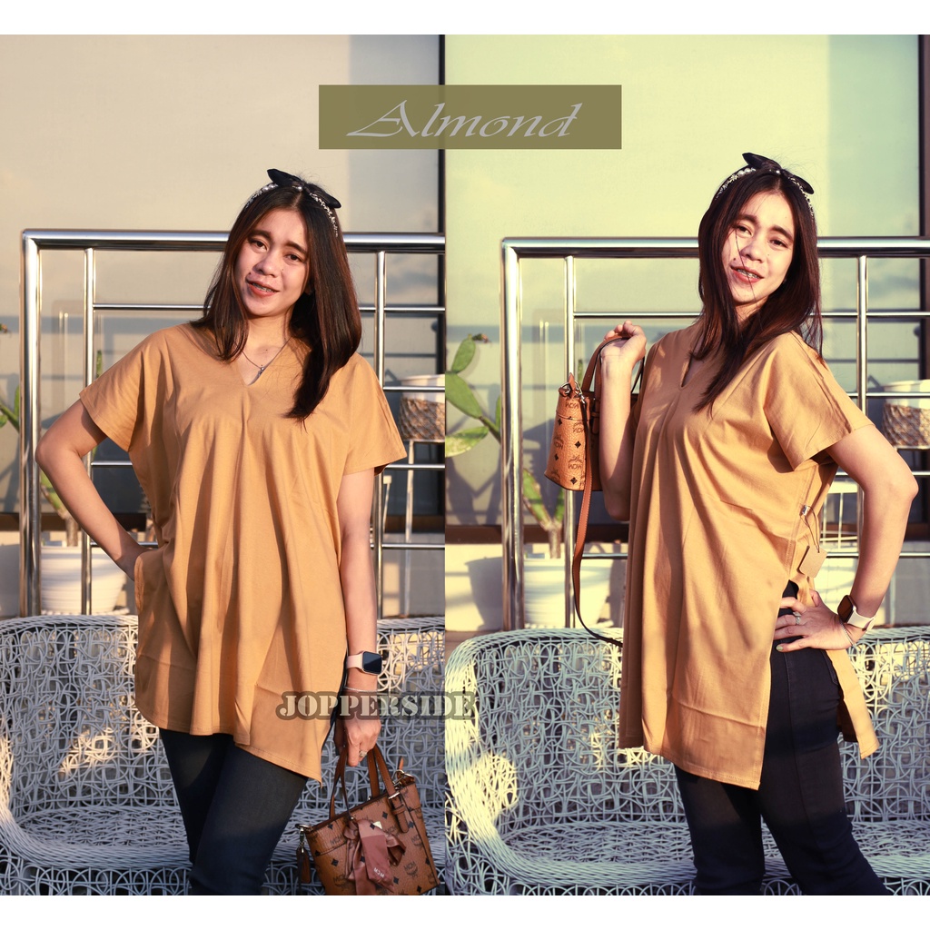 Long square baju atasan blouse kaos slit belah samping oversize v neck wanita katun premium TOW2