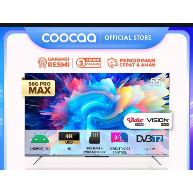 COOCAA TV 55 INCH - Android Digital TV - Far Field Voice Control - RAM 2GB - Memory 32GB - 55S6G PRO