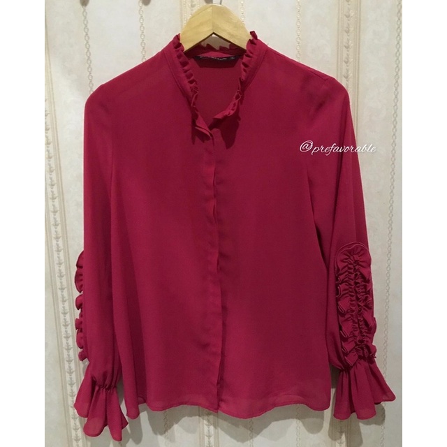 ZARA Basic Pink Ruffle Shirt / Kemeja Zara Fuschia / Zara Fuschia Shirt / Zara Ruffled Shirt