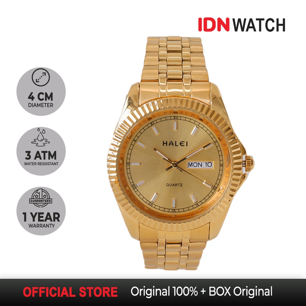 Halei Jam Tangan Pria Analog Elegan Gold Stainless Haleiwatch 583 M Original Water Resist Garansi