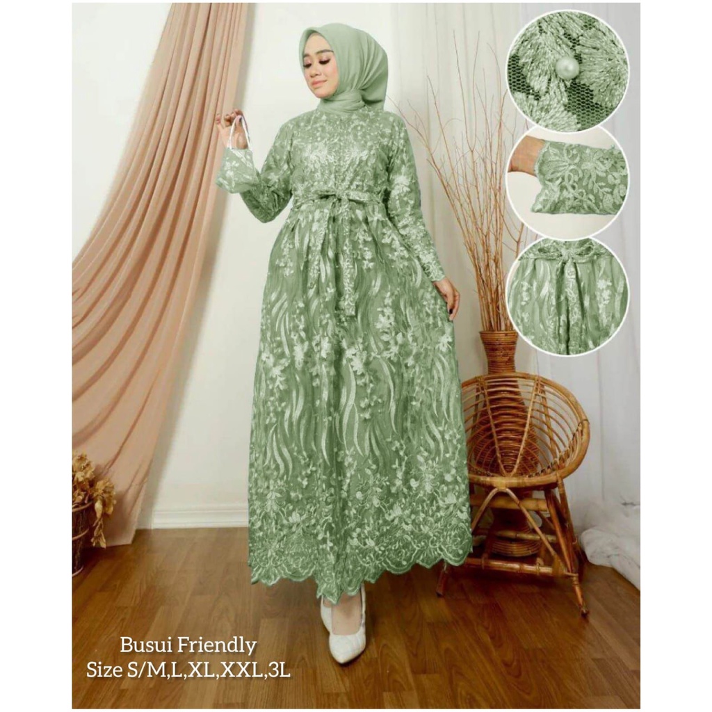 Lesya (New Product)Maxi Dress Brukat Tile Premium Full Depan Belakang /Gamis Pesta Kondangan/Free Masker+Tali Obi / Sleting Depan Busui  Friendly/Seragam Bridesmaid Brokat Mewah