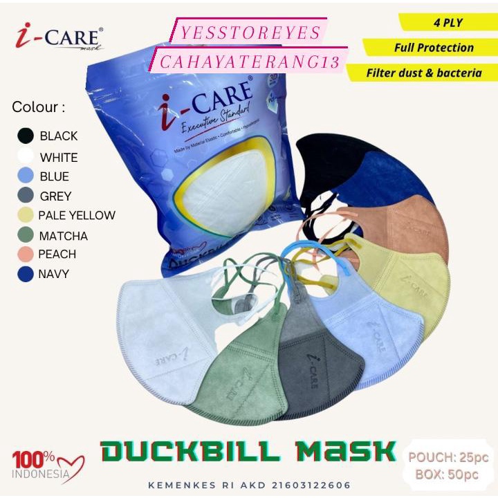 READY MASKER 25 lbr DUCKBILL ICARE 4 PLY KEMASAN POUCH ZIPLOCK WARNA HITAM PUTIH PEACH NAVY MATCHA KUNING BIRU MUDA ABU ABU GREY ISI 25 LBR EMBOS ICARE