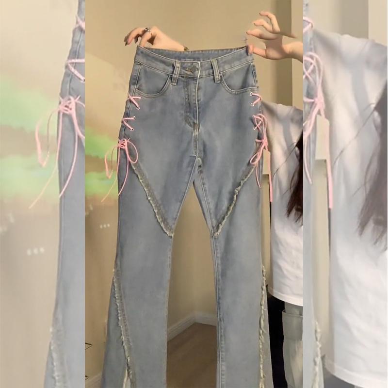 Suhao sedikit melebar celana jeans wanita musim gugur rasa desain ceruk pinggang tinggi slim fit celana panjang berkobar high street in pasang