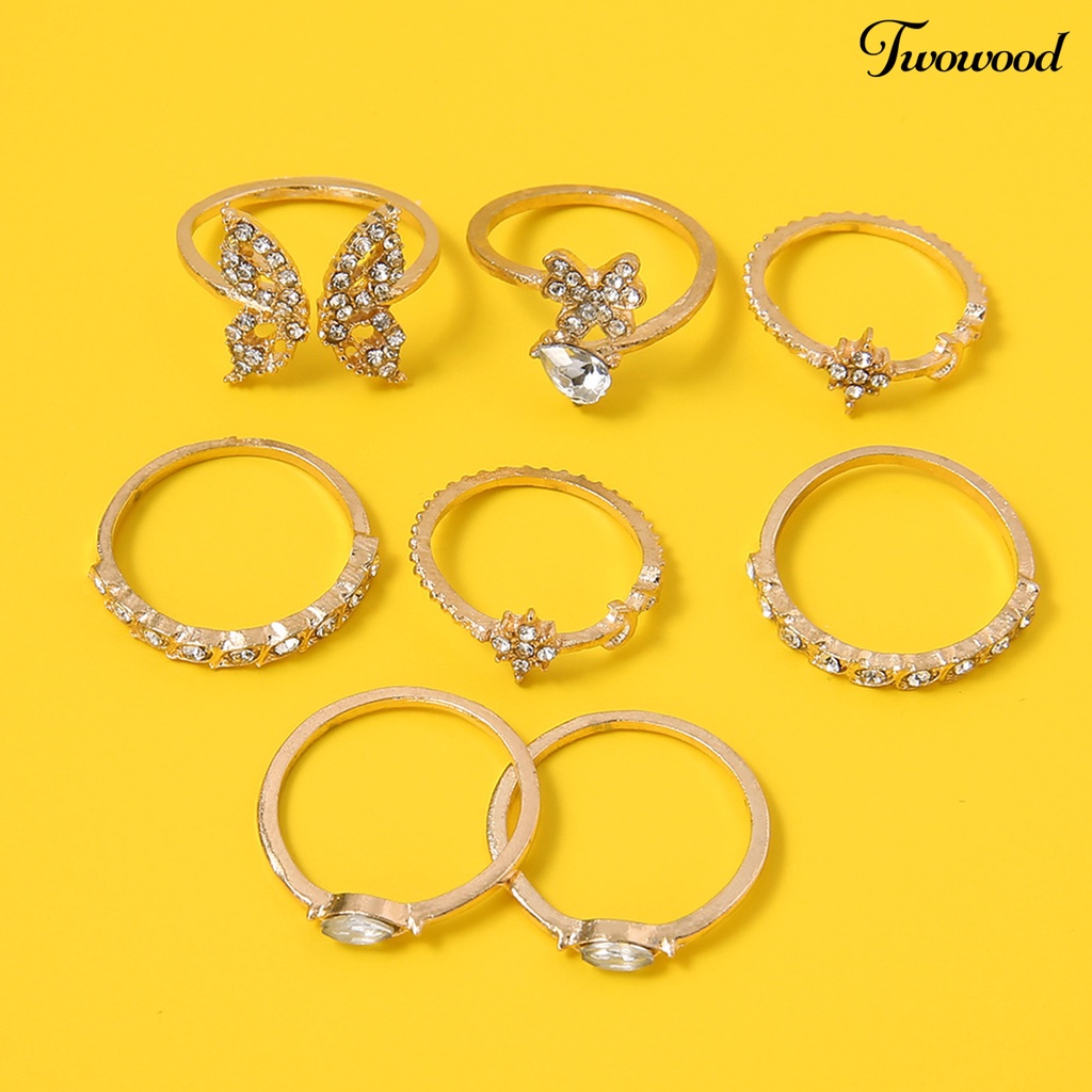 8pcs Cincin Knuckle Desain Kupu-Kupu Bunga Aksen Berlian Imitasi Untuk Wanita Element