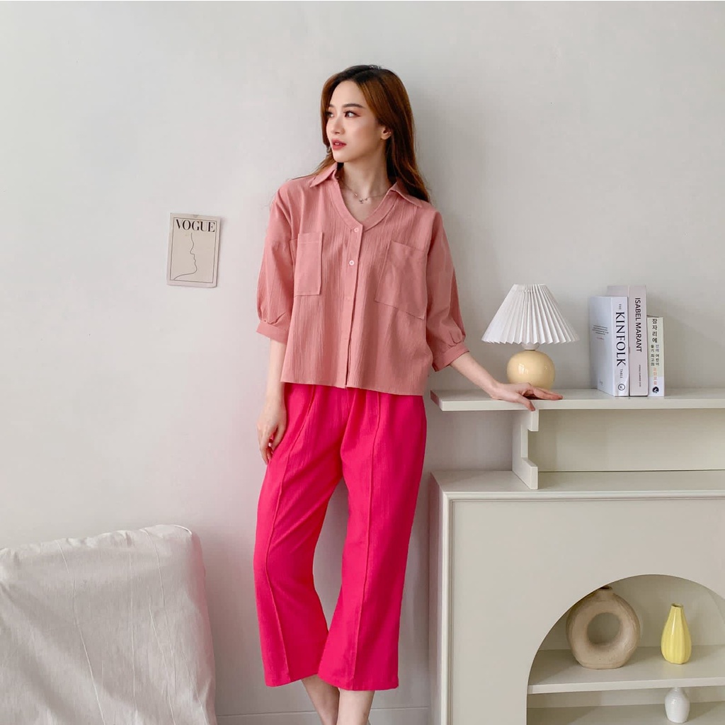 TWO TONE VIVINNE SET –  Kemeja Linen PINK Korea Wanita Casual