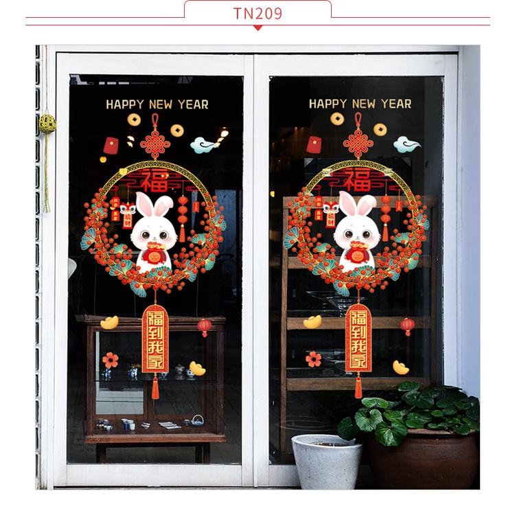 ღ Festival Musim Semi Jendela Kisi-kisi Kelinci Lucu Kaca Stiker Dekorasi Rumah Stiker Tahun Baru Cina Stiker Jendela 2023
