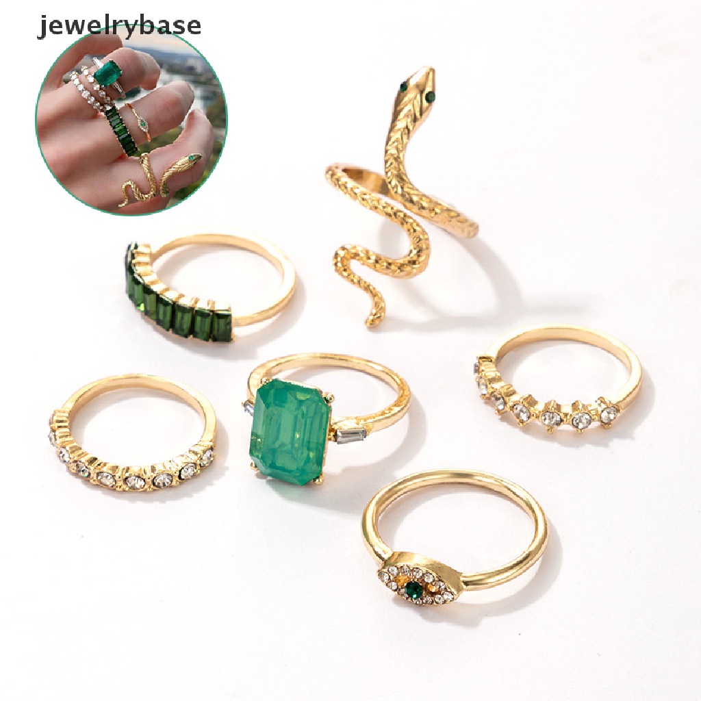 6 Pcs / set Cincin Kristal Berlian Imitasi Bentuk Ular Warna Hijau Gaya Vintage Untuk Wanita