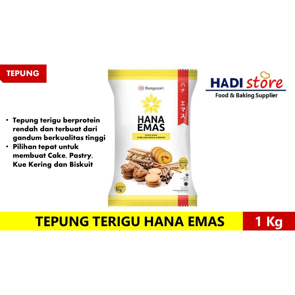 

TEPUNG TERIGU HANA EMAS PREMIUM untuk CAKE DAN COOKIES - 1 KG