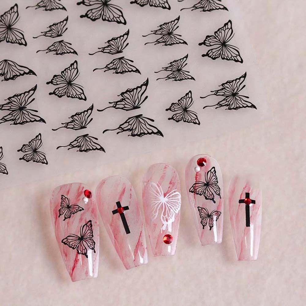 Mxbeauty Stiker Kuku Kupu-Kupu Tangan Dicat Kupu-Kupu Ins Gaya Perekat Diri Hitam Putih Berongga Butterfly Nail Art Dekorasi