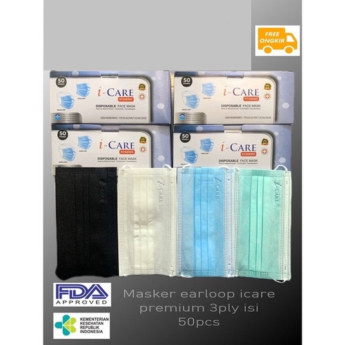 Masker Earloop Biru Hijau Putih 3ply Earloop isi 50 Pcs iCare Hygenix isi 50pc izin Kemenkes