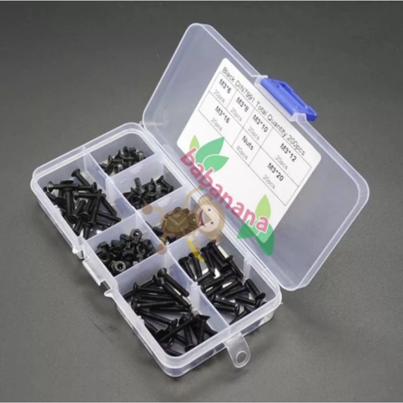 200pcs M3 head head hexagonal socket screw nut kit carbon steel baut