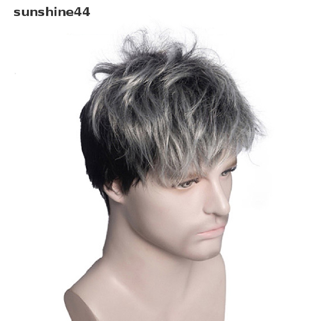 Sunshine Wig / Rambut Palsu Pria Model Pendek Keriting Warna Abu-Abu Tua / Coklat Tua