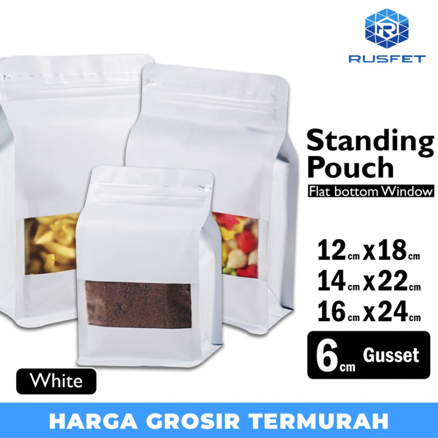 FLAT BOTTOM WINDOW Putih ALU FOIL standing Pouch Delkochoice Premium