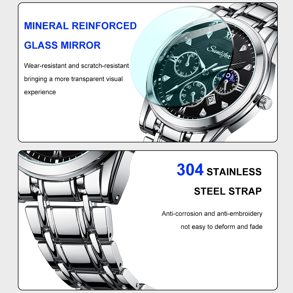 Sunlifex Jam Tangan Pria Original 9004A Kuarsa Calendar Tali Stainless Steel Mode Santai Jam Tangan Cowok-6