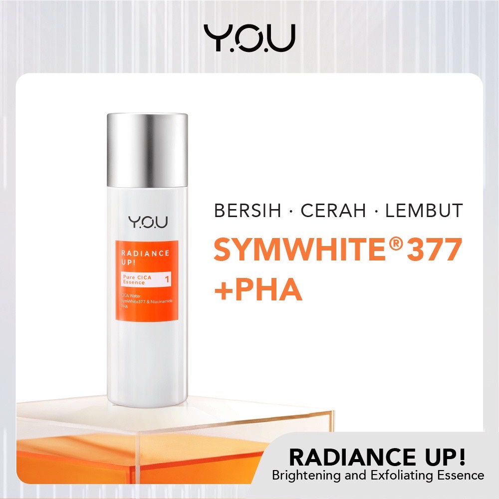 YOU Radiance Up! Pure Cica Essence Indonesia / Pelembab Wajah 100ml / Cica Water SymWhite 377 Niacinamide PHA / VC Licorice Extract / Brightening Exfoliating Dark Spot Jerawat / Skincare Face Care / Y.O.U 3 Step Brightening Skin Look Series Paket Bundle