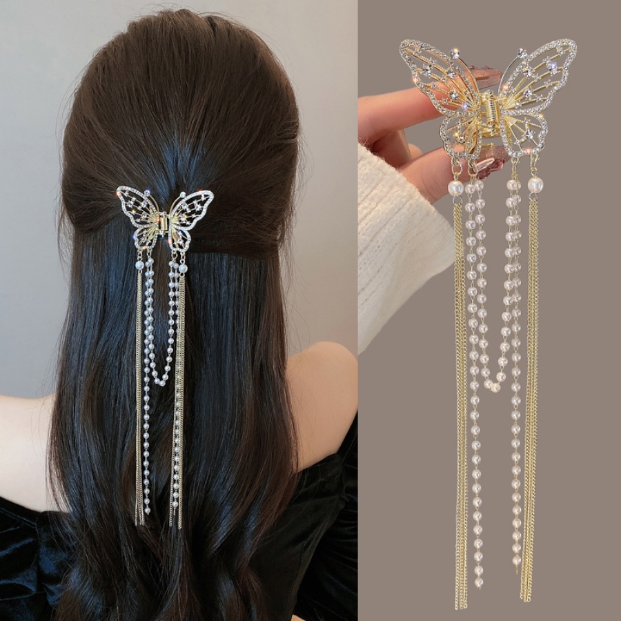 Jepit Rambut Bentuk Kupu-Kupu Bahan Alloy Aksen Mutiara Dan Berlian Imitasi Gaya Korea Untuk Wanita