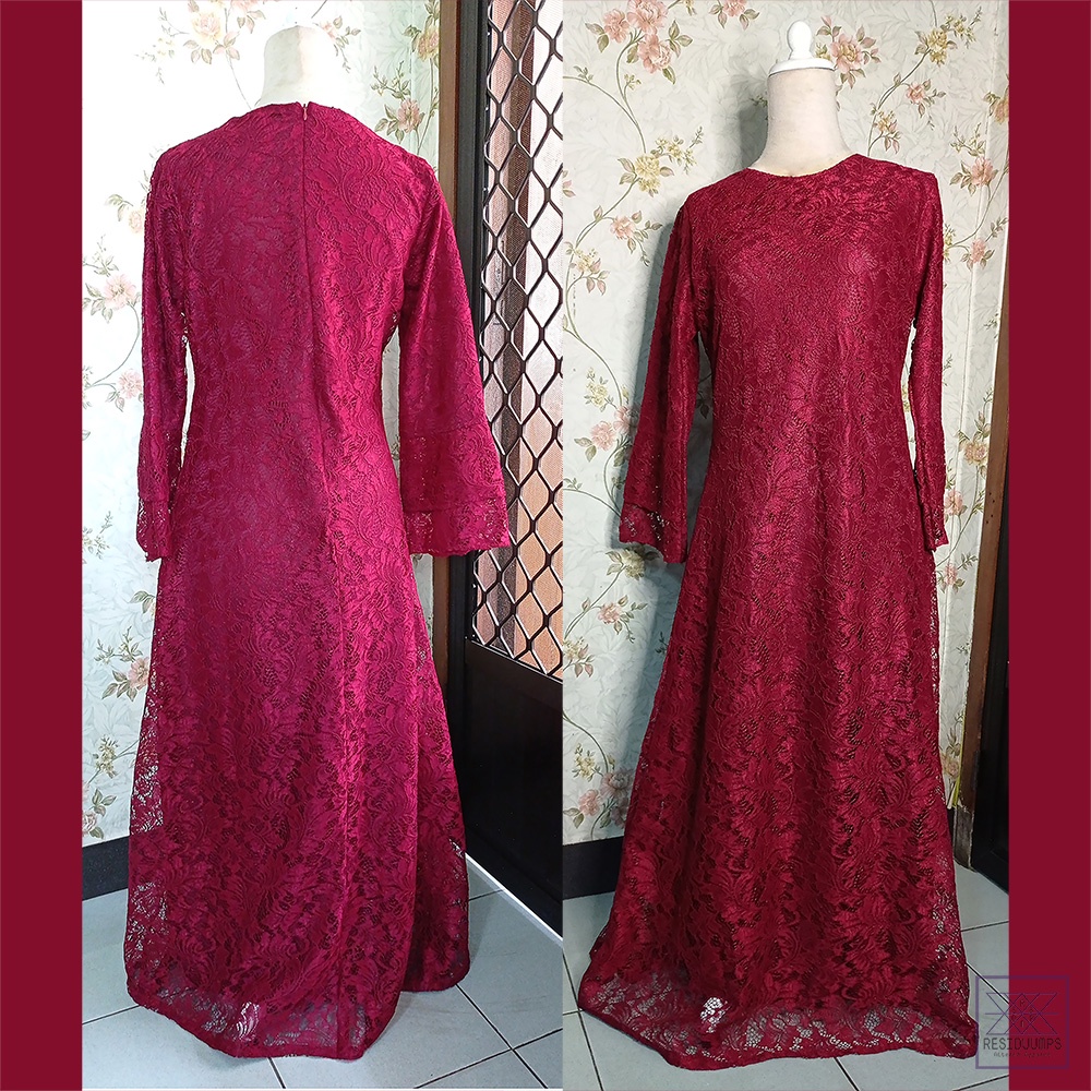 Dress Gamis Vintage Maxi Merah Maroon Lengan Panjang - Bahan Brukat/Brokat