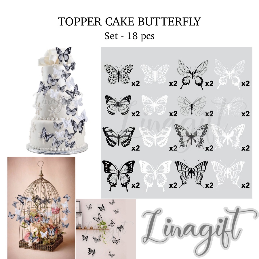 ( Set 18 Pcs ) TOPPER CAKE BUTTERFLY / TOPER KUE KUPU - KUPU / HAPPY BIRTHDAY CAKE DECORATION SUPPLIES AESTHETIC / ESTETIK / AKSESORIS HIASAN BUKET BUNGA / KARANGAN BUNGA / KERTAS BUNGA / CELLOPHANE /  FLOWER WRAPPING KOREAN STYLE / FLORIST PESTA