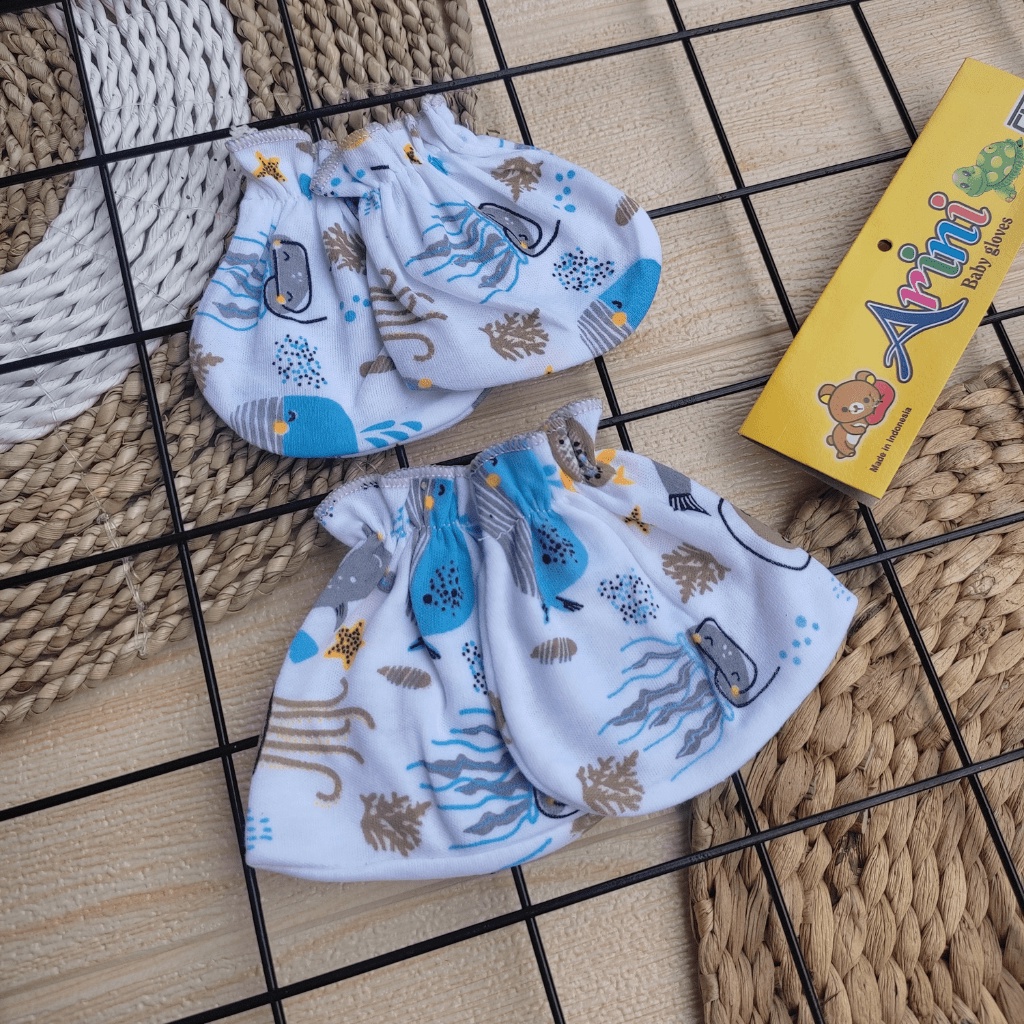 3 PCS Sarung Tangan 3 PCS Sarung Kaki Bayi Baru Lahir Motif Ocean Sartaki SNI Meyriana Collection