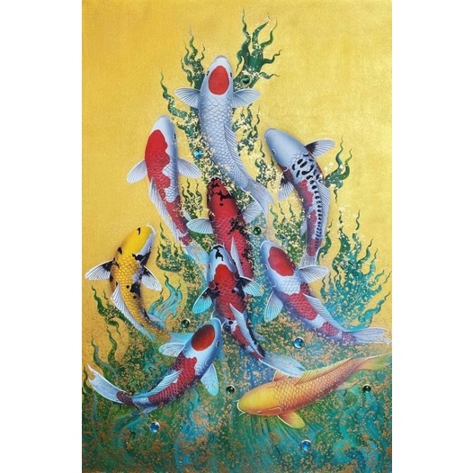 hiasan dinding lukisan cetak ikan koi laris plus bingkai ukuran 65×45