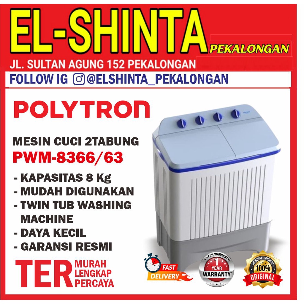 MESIN CUCI POLYTRON 9KG 8 KG 7KG SERI PWM7363 PWM8363 PWM9363