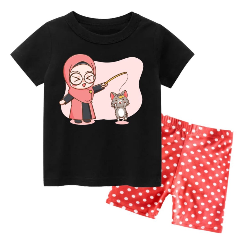 Rdkidzid Setelan Lengan Pendek Anak Cewek Set Baju Kaos Anak Perempuan Motif Muslim Cat DTF