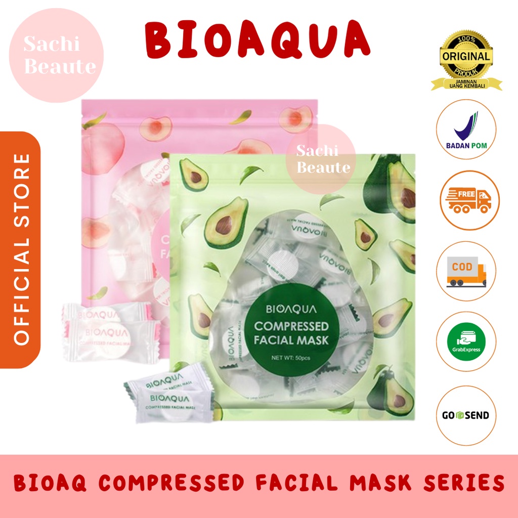 BIOAQUA Bio Aqua DIY Compressed Facial Face Mask isi 50 pcs Masker Kompres Peach Avocado Melembabkan Mencerahkan Memutihkan Kulit