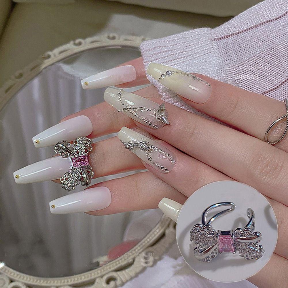 AUGUSTINA Agustinina Busur Kuku Cincin Flash Shiny Vintage Wanita Perhiasan Glitter Pesta Mewah Berlian Indah Kuku Zirkon Dekorasi