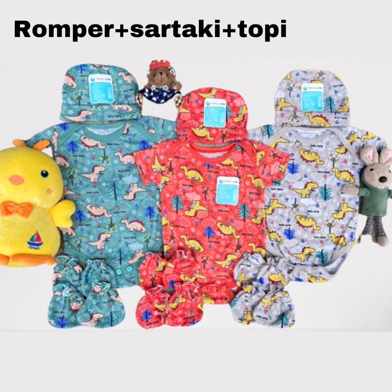 Paket Stelan Mix Dino Set Romper Swaddle Baju dan celana Bayi topi sarung tangan Baru Lahir SNI,Oeko-tex Promo 8.8