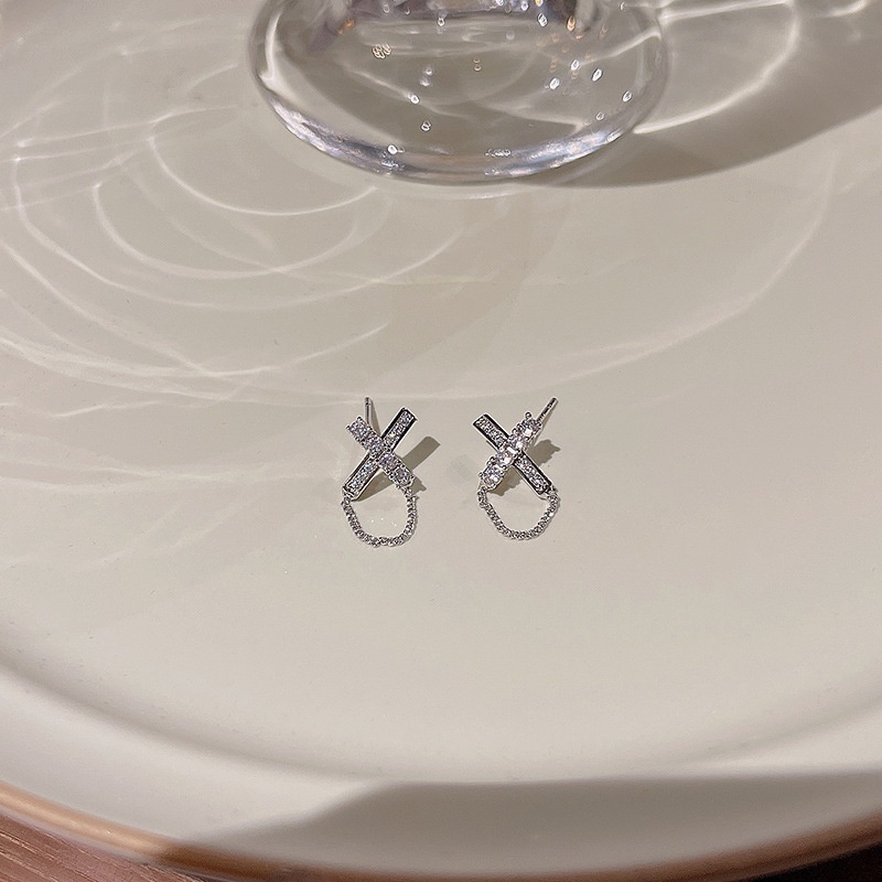 Anting Tusuk Gantung Bahan Sterling Silver 925 Bentuk X Hias Zircon Gaya Simplekeren Untuk Wanita