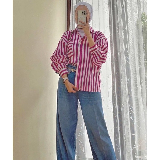 Strippy Shirt Jumbo Kemeja Salur Oversize Atasan Jumbo Wanita