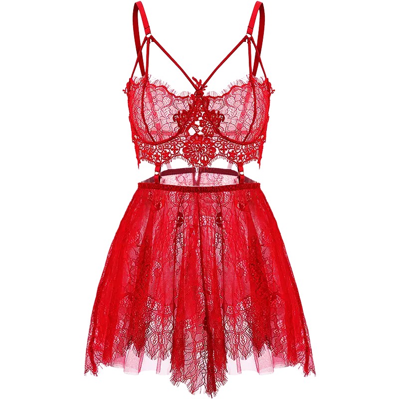 (COD) Wanita Pakaian dalam Sexy Lace babydoll Lingerie Mesh Baju tidur V neck piyama A386