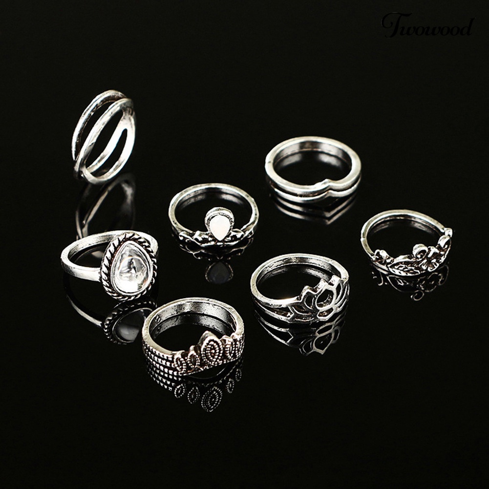 7 Pcs Cincin Knuckle Midi Desain Ukiran Bunga Teratai Tetesan Air Rongga Gaya Vintage Untuk Wanita