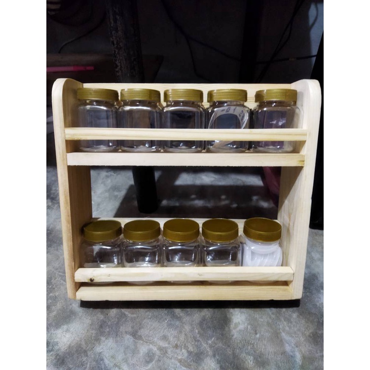 Tempat Bumbu Kayu 2 Tingkat dengan 10 Toples Bumbu Dapur Serbaguna / kayu / eastetik / dapur cantik