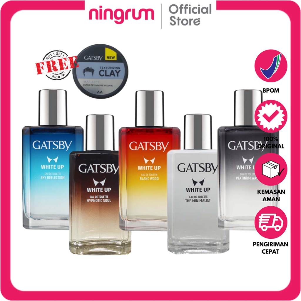 Ningrum - Gatsby EDT White Up Eau de Toilette Parfume 50ml Free Texturizing Clay Pomade | Parfum Pria Sky Reflection Blanc Wood Platinum Wave Tahan Lama 100% Original - 9014