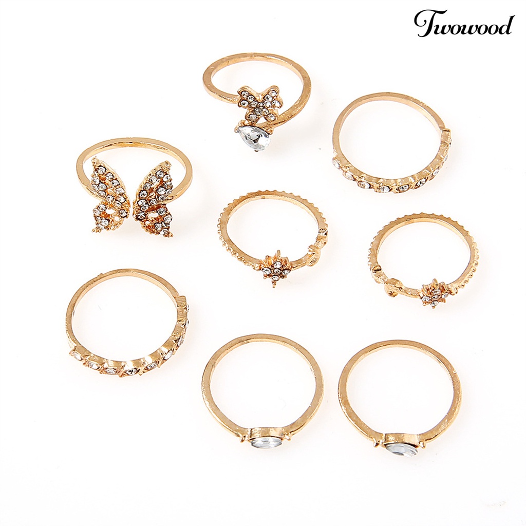 8pcs Cincin Knuckle Desain Kupu-Kupu Bunga Aksen Berlian Imitasi Untuk Wanita Element