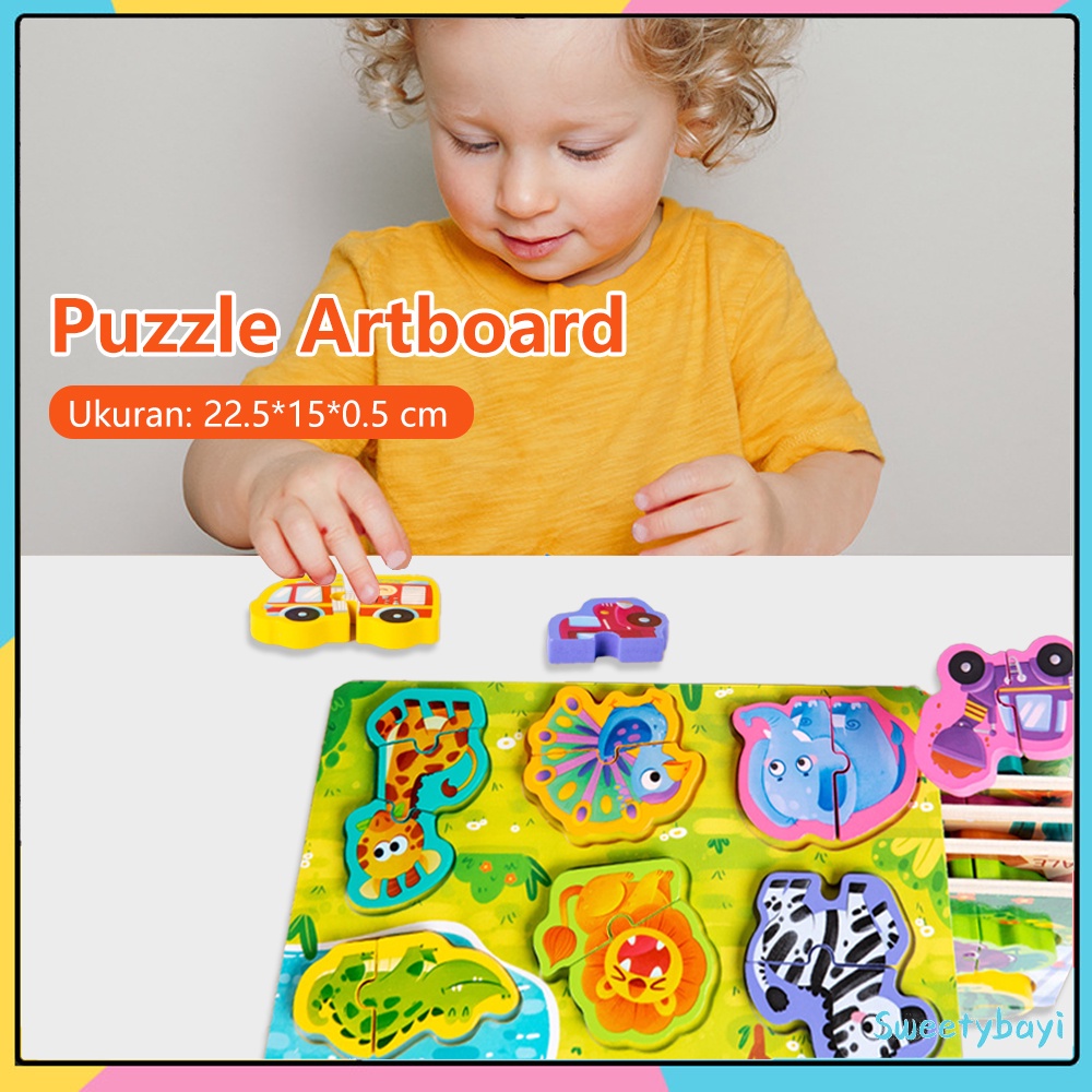Sweetybayi 2in1 Puzzle kayu mainan edukasi Kartun Jigsaw Puzzle 3d wooden toys