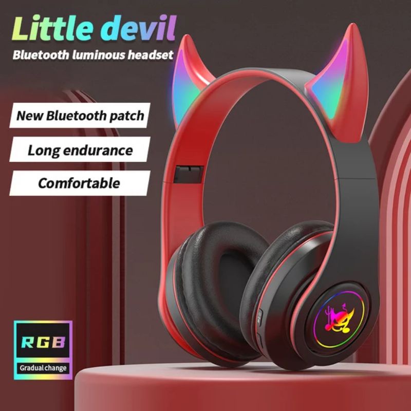 Jual Headset Gaming Bluetooth Kuping Kucing Setan Bando Model Telinga Wireless Headphone Devil