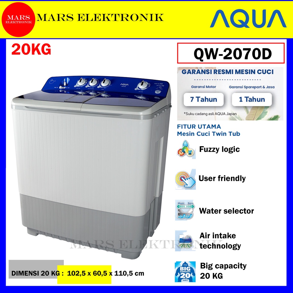 MESIN CUCI AQUA QW-2070D -  20 KG - BIG CAPACITY - ORIGINAL BERGARANSI RESMI QW 2070 D / MESIN CUCI 