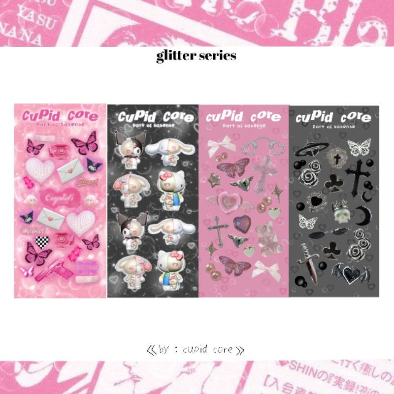 

[cupid core] sanrio skeleton pink aesthetic Y2K black goth toploader polco journal planner deco sticker sheet