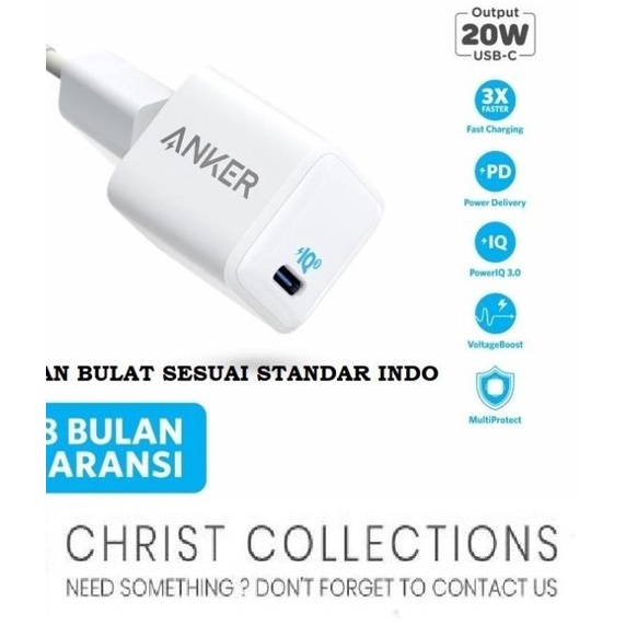 ANKER KEPALA CHARGER 20W FAST CHARGING PORT TYPE C IPHONE 12 & ANDROID - PUTIH-20WATT