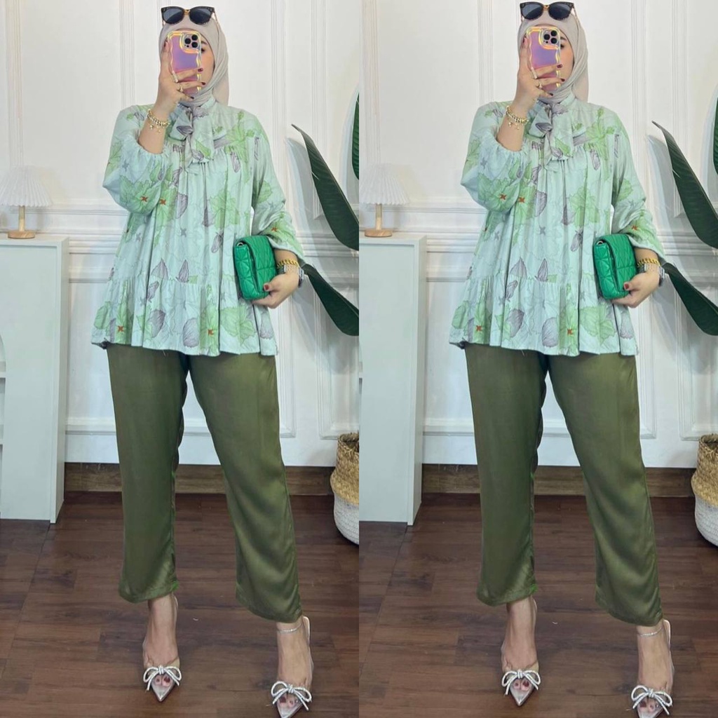 Ditty  Set - One Set Wanita Kemeja Rayon Diamond Premium Setelan Baju Lengan Ruffle Set Celana Panjang Kekinian LD 110 cm