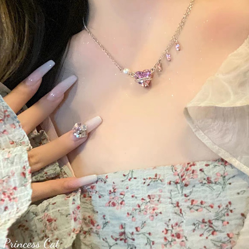 Kalung Rantai Klavikula Desain Hati Pink Bahan Zirkon Serbaguna Untuk Wanita