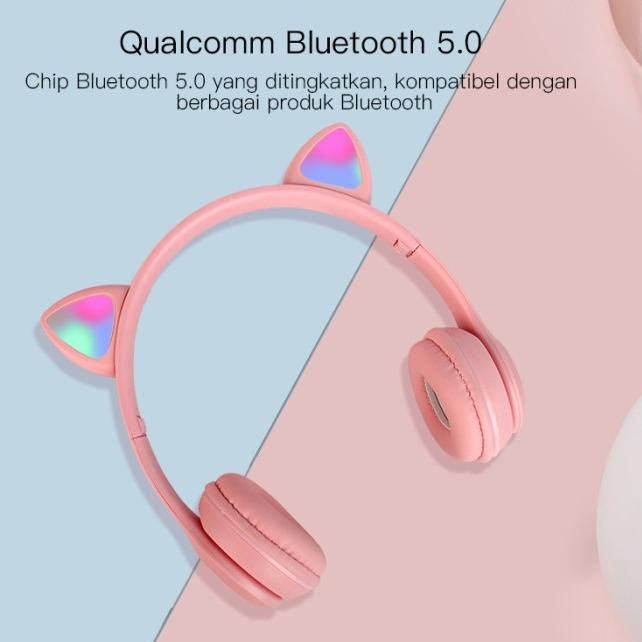 TACOO XY-205 Cat Ear Wireless Bluetooth Headset Pink/Black - Merah Muda