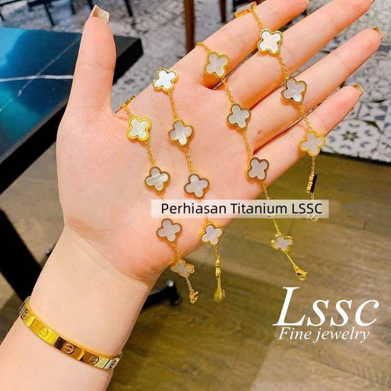 Gelang Titanium Bunga Hitam Keberuntungan Cantik Wanita Anti Karat Emas 18K Perhiasan Fashion Korea