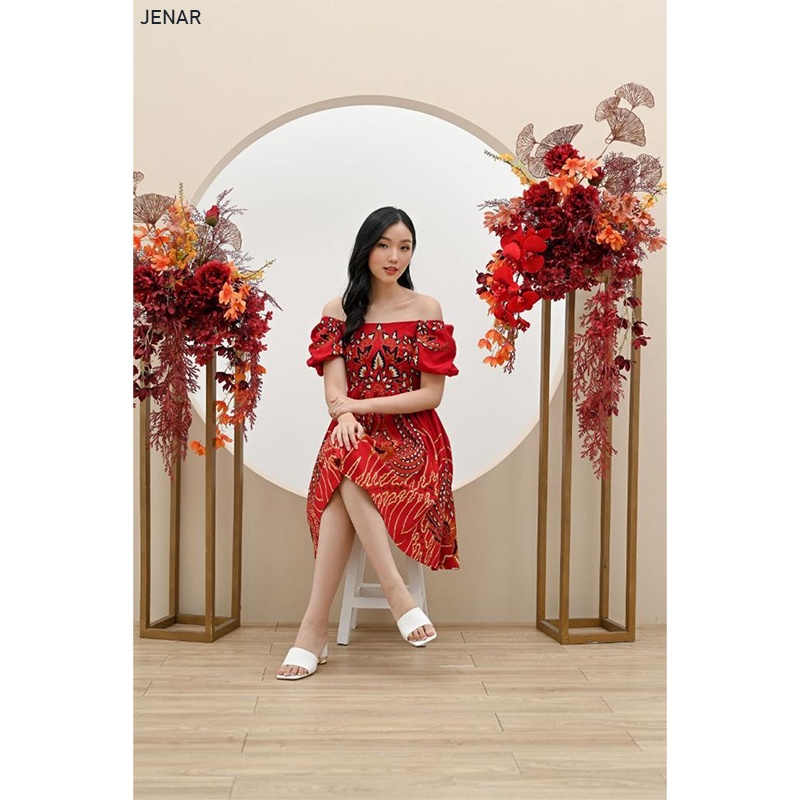 Evercloth Jenar Dress Batik Wanita Sabrina VM Dress Wanita Batik Modern Gaun Pesta Aline Terusan Kebaya Seragam Batik Couple Set Family Sarimbit Merah Red Natal Imlek CNY